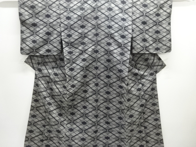 JAPANESE KIMONO / ANTIQUE HITOE KIMONO / SILK / HAND WOVEN TSUMUGI / DIAGONAL GRID